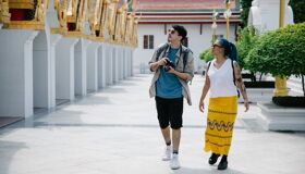 Tourists walking at the Buddhist Temple in Thailand